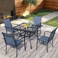 5 Pieces Sqaure Dining Table Set for 4, Patio Dining Set Includes 4 Blue Stackable Patio Chairs and 1 Black Mesh Square Table, Patio Furniture Sets with Sling Support for Outside, Garden
