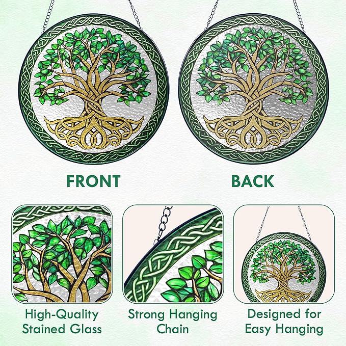 FLAGWIX Christmas Tree of Life Gifts for Women Men - Stained Glass Window Hanging 8 in - Xmas Birthday Gifts for Mom Grandma, Tree of Life Christmas Decorations Indoor, Celtic Suncatchers Garden Decor