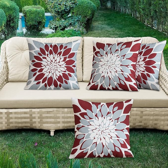 Qahing Pack of 4 Outdoor Waterproof Pillow Covers 24x24 Decorative Outdoor Throw Pillows Garden Square Cushion Cases for Patio Furniture, Couch, Tent Sunbrella, Bench, Burgundy Red Grey