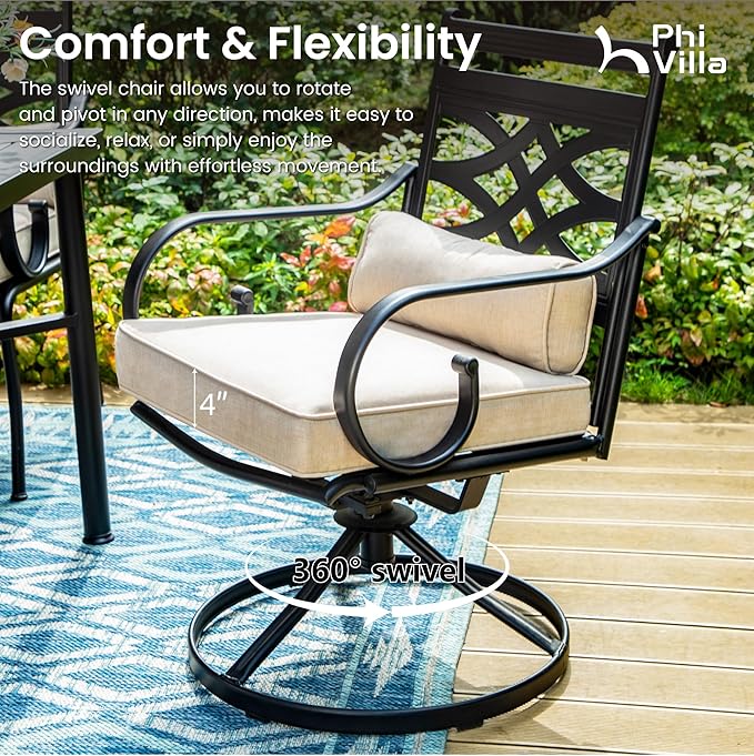 PHI VILLA 7 Pcs Patio Dining Sets,Outdoor Table Chair Set for 6 with 2 Outdoor Swivel Chairs and Metal Rectangular Table,Outdoor Dining Furniture with Cushion and Pillow for Garden Lawn Deck
