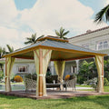 MELLCOM 12x14FT Hardtop Gazebo,Wooden Finish Coated Aluminum Patio Gazebo with Aluminum Composite Double Roof for Patio Lawn and Garden, Curtains and Netting Included
