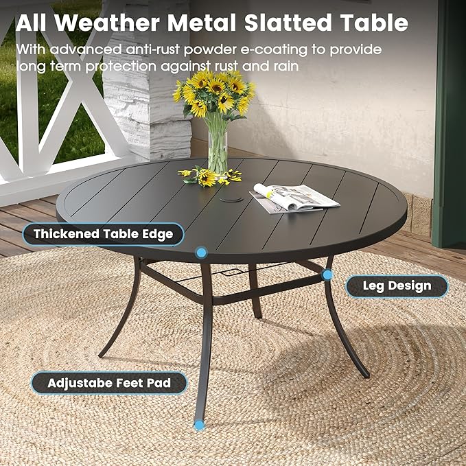 DIFY 7 Pieces Outdoor Patio Dining Set, 6 Brown Textilene Swivel Dining Chairs and 53" Black Round Metal Dining Table, Outdoor Table and Chairs
