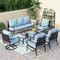 PHI VILLA 7 PCS Patio Furniture Set,Metal Outdoor Furniture with 1x 3 Seater Cushioned Deep Seating Bench Sofa, 2 Swivel Chair, 2 x Leg Sofa Chairs & 2 Ottoman for 7 Person, Light Blue