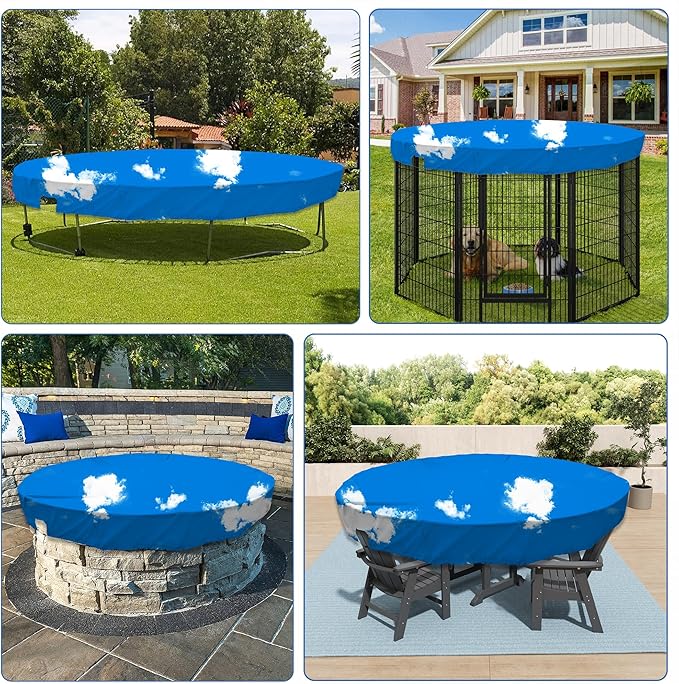 ECOOPTS 16 ft Waterproof Round Polyester Pool Cover for Above Ground Pools, Swimming Pool Cover Protector Winter Safety Cover (Blue Sky)
