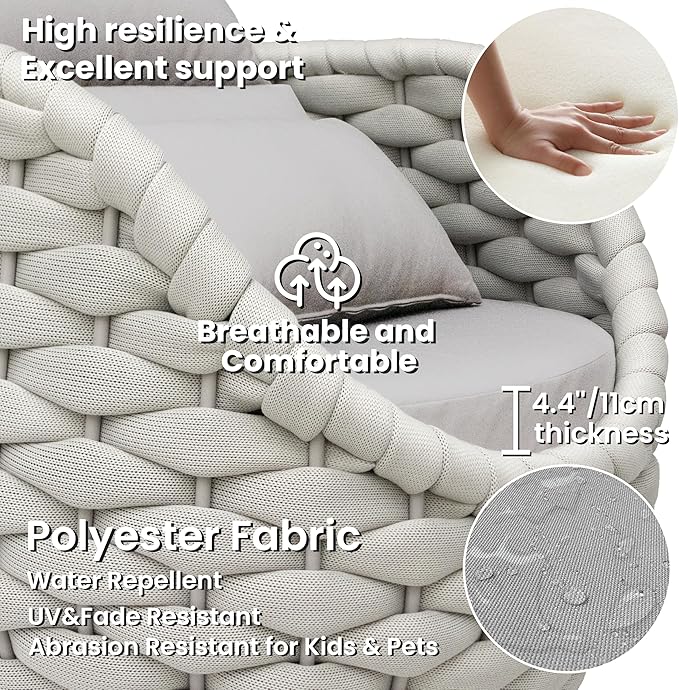Patio Accent Chairs: Aluminum Porch Lounge Chair with Arms - Woven Rope Cushioned Armchair - Modern One Seater Chair - Outdoor Deck Furniture for 400lbs Balcony Lanai Poolside Garden Hotel, Gray