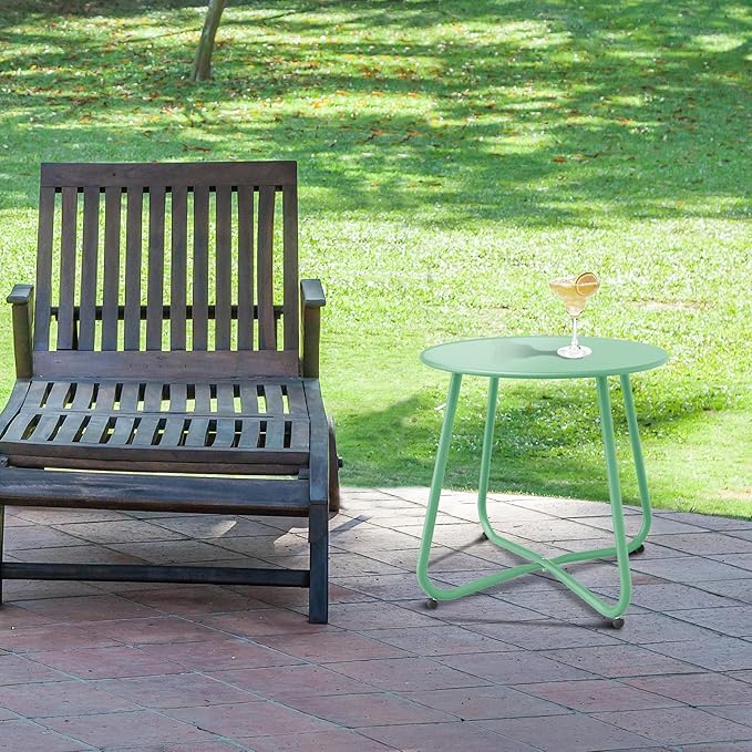 Patio Side Table Waterproof Round Metal Steel Weather Resistant Portable Outdoor and Indoor End Table for Garden Balcony Yard, Bean Green