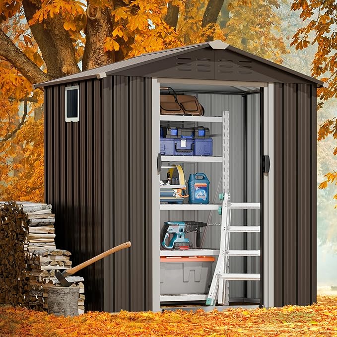 JYQAQA 6x4 FT Outdoor Garden Storage Shed,Waterproof Metal Garden Sheds with Lockable Double Door,Weather Resistant Steel Tool Storage House Shed forPatio,Lawn Gray
