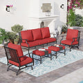 7 Piece Metal Outdoor Patio Furniture Set, Patio Conversation Sets 3-Seater Sofa, 2 Rocking Chair, 2 Ottomans with 5.75" Thick Cushion, Black All-Weather Frame Backyard Furniture, Red