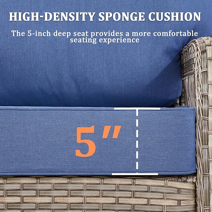 5 Pieces Patio Furniture Set Outdoor Sectional Sofa Couch with Rocking Swivel Chairs 5" Deep Seat Chairs, Modern Wicker Rattan Conversation Set, Blue/Gray Wicker