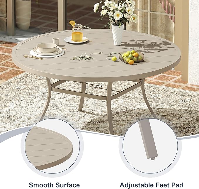 VICLLAX 50" Outdoor Round Patio Dining Table for 4-6, All Weather Metal Dining Table with Umbrella Hole for Deck Lawn Garden Backyard, Sandshell