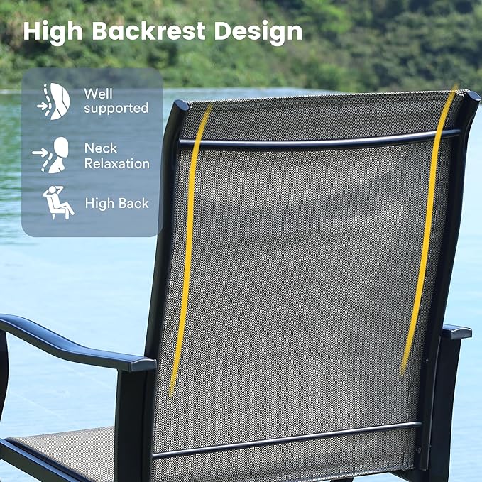 VICLLAX Patio Dining Set for 6, 7 Pieces Outdoor Furniture Includes 53" Round Patio Table with Umbrella Hole and 6 Outdoor Swivel Chairs for Lawn Garden, Black Tabletop and Mixed Brown Fabric