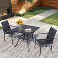 3 Pieces Round Dining Table Set for 2, Patio Dining Set Includes 2 Black Stackable Patio Chairs and 27.6" Black Metal Square Table, Patio Furniture Sets with Sling Support for Outside, Garden
