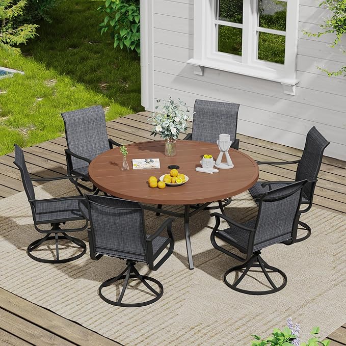 VICLLAX Outdoor Patio Round Dining Table, 50"x 50" Metal Slatted Round Tabletop with Adjustable Umbrella Hole for Deck Lawn Garden Backyard, Walnut