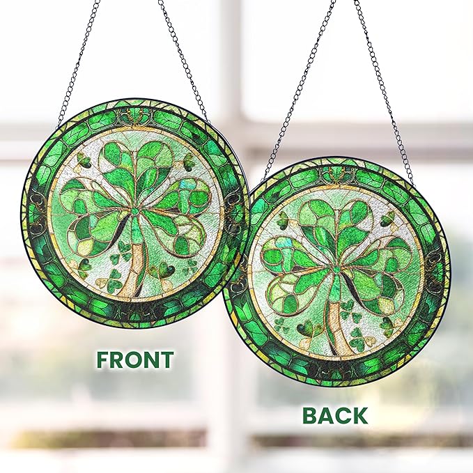 FLAGWIX Christmas Irish Gifts for Women Men - 100% Stained Glass Hanging Suncatcher 6 in - Birthday Christmas Irish Decorations for Family Friends, Shamrock Home Decor, St Patricks Day Decorations