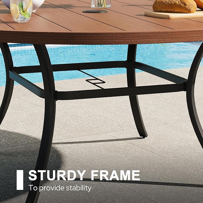 VICLLAX 53" Round Patio Dining Table for 6-8, Metal Outdoor Dining Table with Umbrella Hole for Patio, Garden, Balcony, Walnut