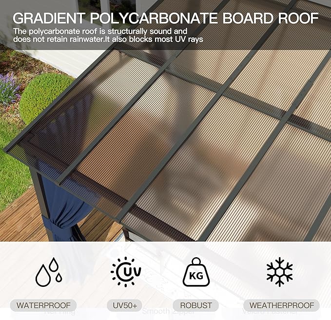 10’ x 24’ Gazebo for Patio,Wall Mounted Gazebo with Sloping Polycarbonate Roof,Aluminum Frame Outdoor pelgole w/Netting & Curtain for Garden,Backyard,Navyblue
