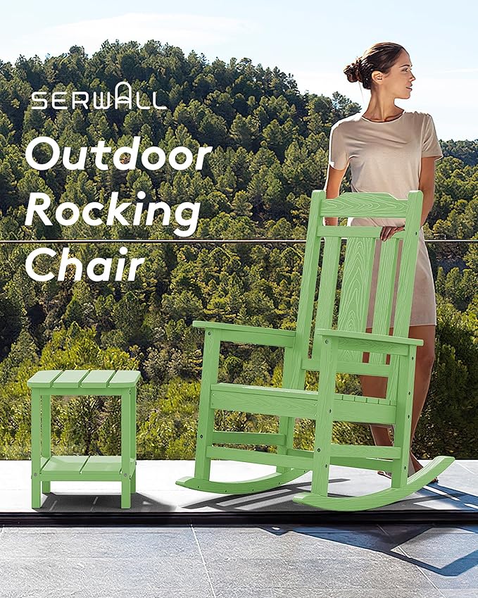 SERWALL Outdoor Rocking Chair, Patio Rocking Chairs for Porch, HDPE Rocking Chair Outdoor for Adults, Heavy Duty Front Porch Rocker, Mint