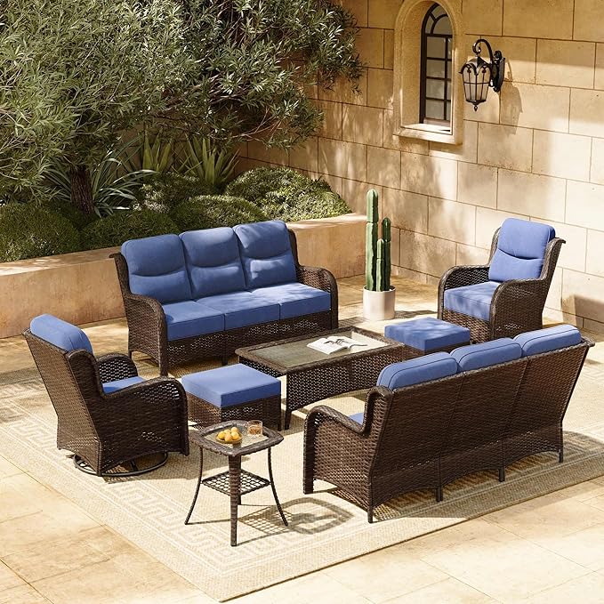 HILLGA Luxury Patio Furniture Set with 6-inch Thick Cushion, Outdoor Couch and High Back Swivel Rocker Patio Chairs, 8PCS Wicker Conversation Set for Deck Yard and Poolside, Blue (V2)
