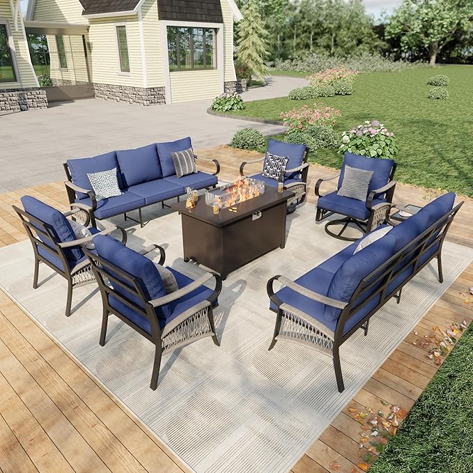 8 Pieces Modern Patio Furniture Set, All Weather Metal Outdoor Conversation Sets with Fire Pit Table for Backyard Garden Deck Porch Poolside, Blue