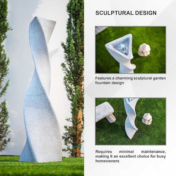 XBrand 39 in. H Freestanding Resin Fiberglass Sculptural Modern Twisted Pilar Outdoor Garden Fountain w/LED Light