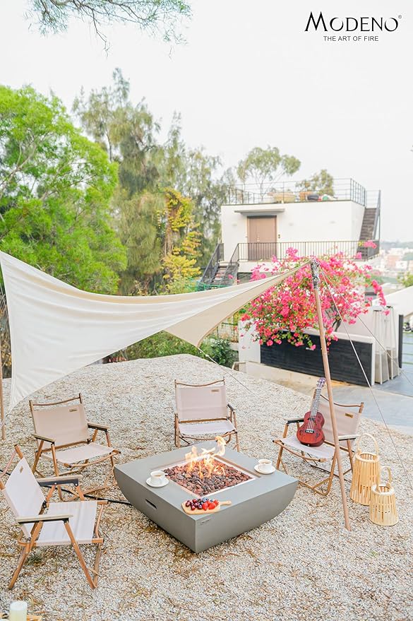 AMS Fireplace | Modeno Westport Package | Light Gray Liquid Propane Gas Fire Pit Table for Outside Patio Bundle with Tank Cover, Wind Guard, & SS Burner Lid | Free Ice Bucket & Rubber Mat