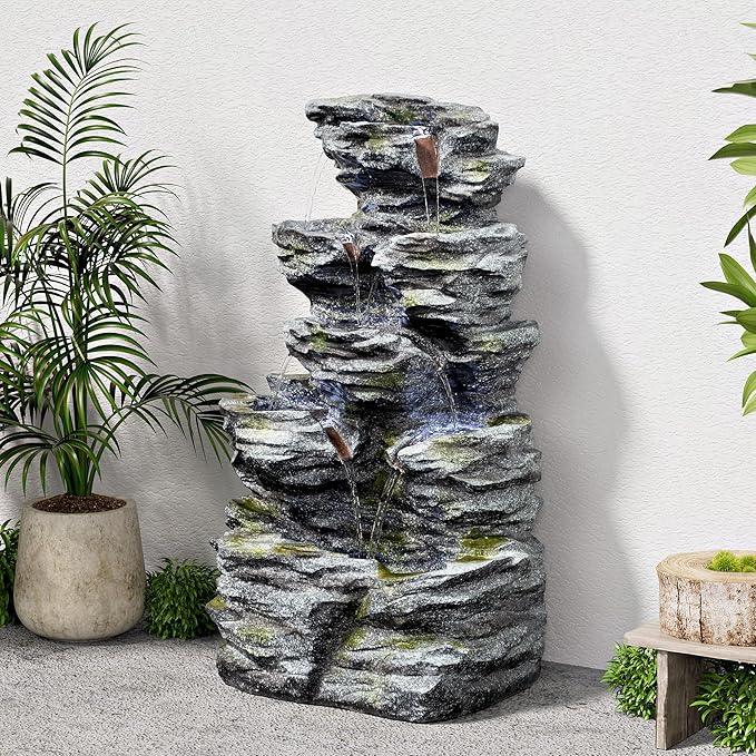 34.3" H Outdoor Water Fountain with LED Lights, 5-Tier Cascading Rock Waterfall for Yard, Garden, Patio, Outdoor Decor Water Features