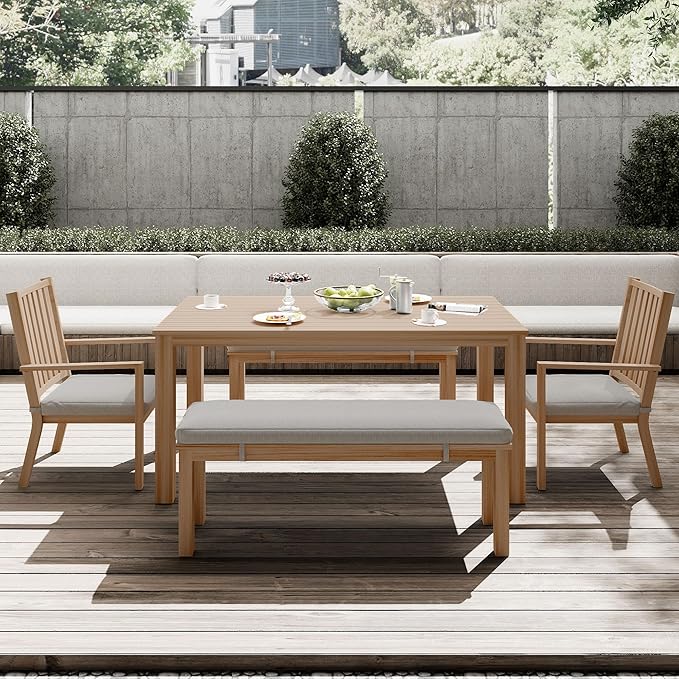 Outdoor Patio Bench, Metal Aluminum Outdoor Bench with Waterproof Cushions, Furniture Seating for Porch, Balcony, Deck, Backyard, Light Wood Color