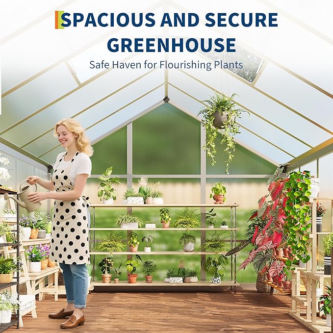 8x10 FT Greenhouse for Outdoors, Polycarbonate Flower Greenhouse with Roof Vent, Push-Pull Lockable Door, Aluminum Walk-in Greenhouses for Outside Garden Backyard, Patio, Lawn, Silver