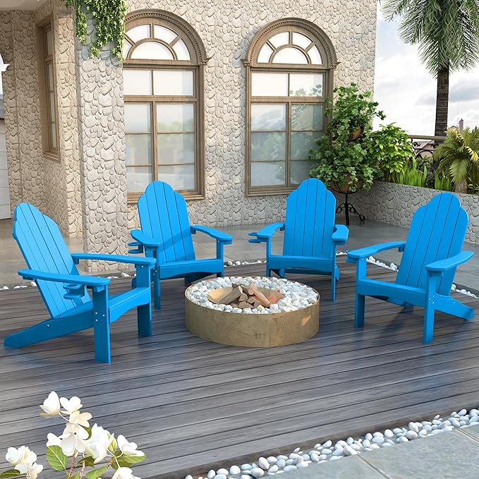 LUE BONA HDPS Adirondack Chairs Set of 4, Fire Pit Outdoor Chair Weather Resistant with Cup Holder, Modern Plastic Chair Plastic for Patio, Deck, Proch, 350LBS, Blue
