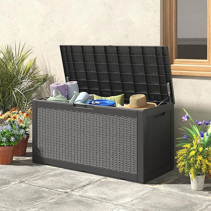 Outdoor Storage Box, Resin Deck Boxes Indoor and outdoor, Waterproof Storage Box Lockable Lid (Black, 100 Gallon)