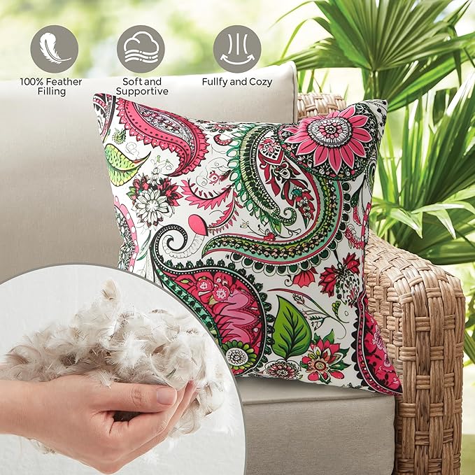 Outdoor Pillows Set of 2, 18''×18''Waterproof Throw Pillow for Patio Furniture, Feathers and Down Filled Outside Decorative Pillows Inserts for Garden, Porch Swing, Couch and Sofa