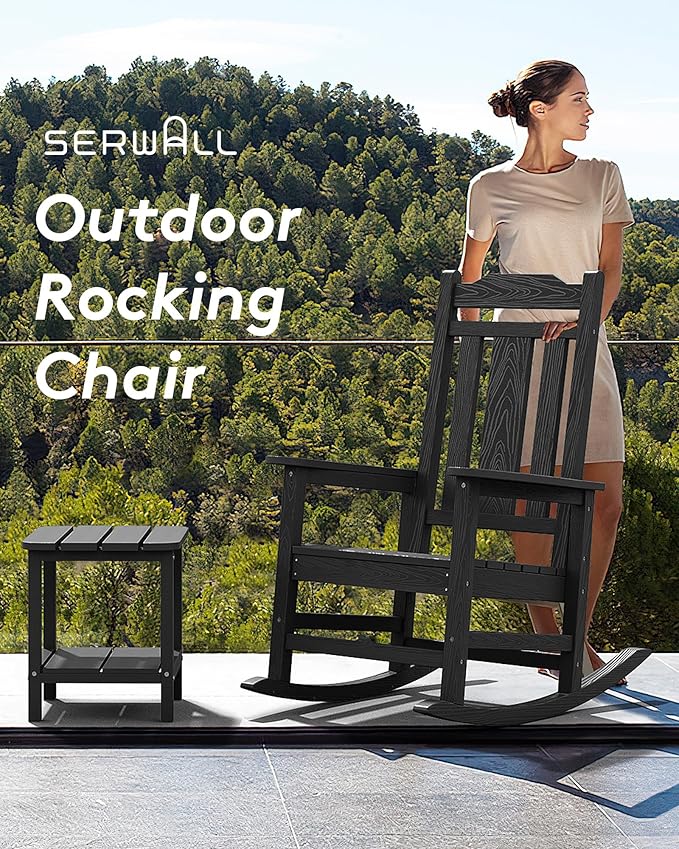 SERWALL Oversized Rocking Chair Set of 2 Outdoor, HDPE Outdoor Rocking Chair Set of 2, Black
