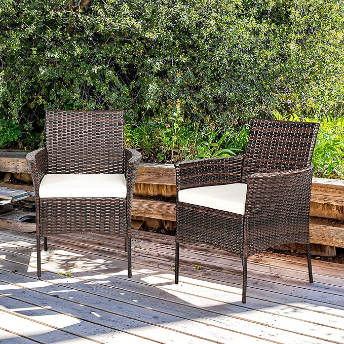 HAPPYGRILL Set of 2 Patio Dining Chairs Outdoor PE Wicker Chairs with Soft Cushions, All-Weather Rattan Chairs for Garden Backyard Lawn Poolside Balcony