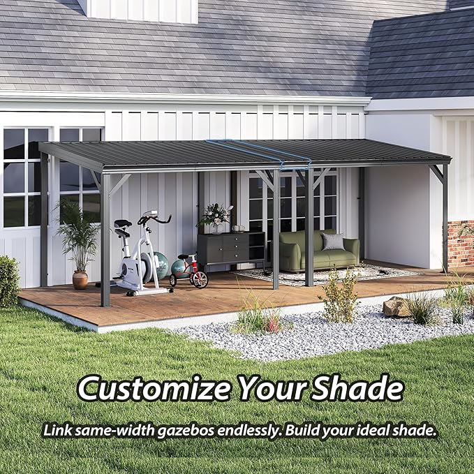 Domi 10'x10' Lean to Gazebo Hardtop, Expandable Wall Mounted Pergola with Gutters & Galvanized Steel Roof, 60MPH Wind Resistance, Outdoor Heavy Duty Metal Awning for Patio, Deck, Backyard - Grey