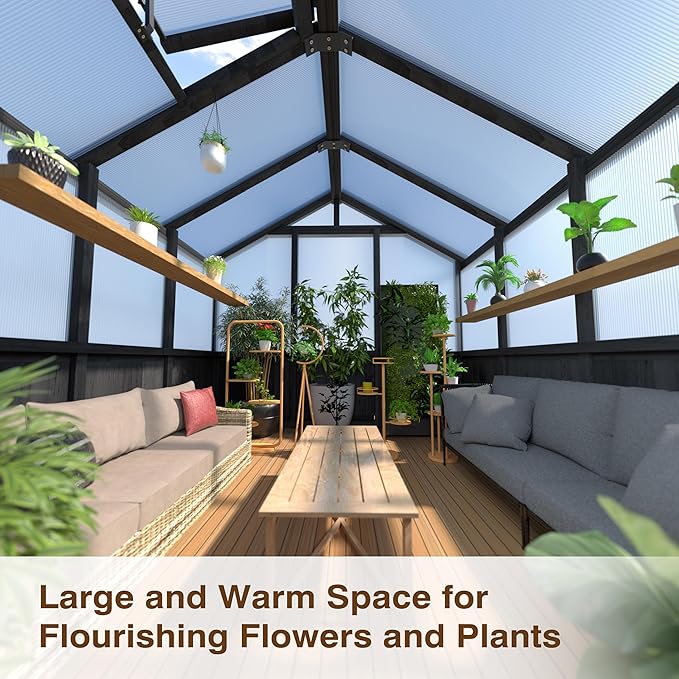 6x10 FT Greenhouse Kit for Outdoor, Thickened Polycarbonate Panel Wooden Walk-in Green House with Lockable Door and Adjustable Roof Vent, Backyard Garden, Black