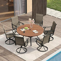 VICLLAX Patio Dining Set for 6, 7 Pieces Outdoor Furniture Includes 53" Round Patio Table with Umbrella Hole and 6 Outdoor Swivel Chairs for Lawn Garden, Walnut Tabletop and Mixed Brown Fabric