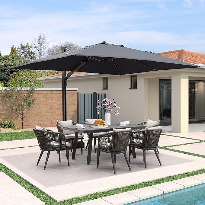 PURPLE LEAF 9' X 12' Rectangle Patio Umbrella with Base Large Cantilever Outdoor Umbrella Offset Umbrella with 360-degree Rotation Garden for Deck Backyard Pool Grey
