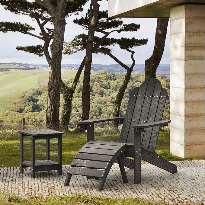 LUE BONA HDPS Adirondack Chairs Set of 2, Fire Pit Outdoor Chair Weather Resistant with Cup Holder, Modern Plastic Chair Plastic for Patio, Deck, Proch, 350LBS, Black