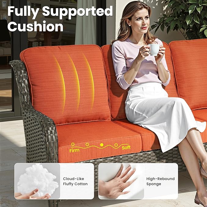 ovios 10 Pieces Patio Furniture Set, Outdoor Wicker Sofa Couch with Swivel Chairs 54" Fire Pit Table, High Back All Weather Modern Conversation Sets, Brown Rattan, Orange Red