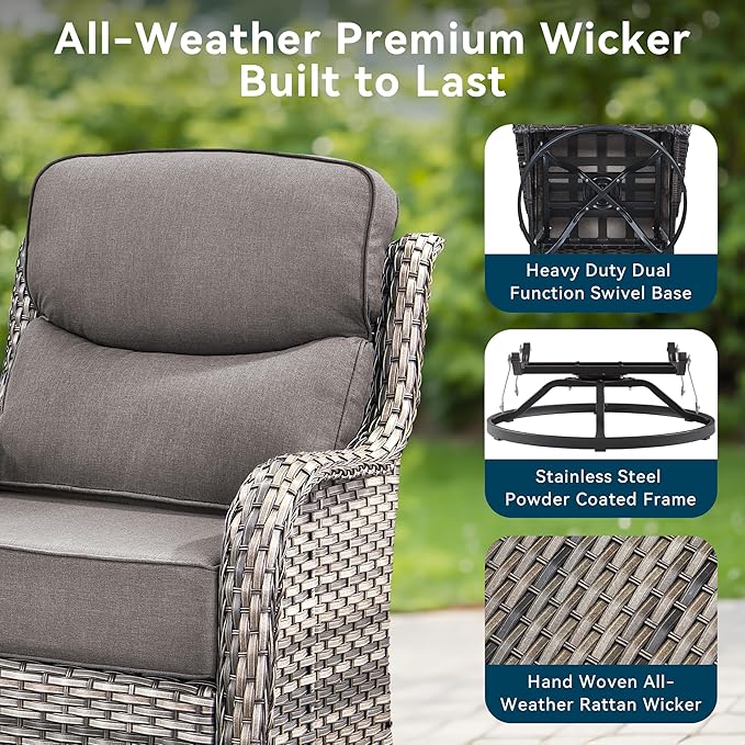 Luxury High Back Outdoor Furniture with 6-Inch Thick Cushions, Patio Furniture Set with Swivel Chairs, 6 PCS Wicker Conversation Set for Porch, Balcony, Deck and Yard