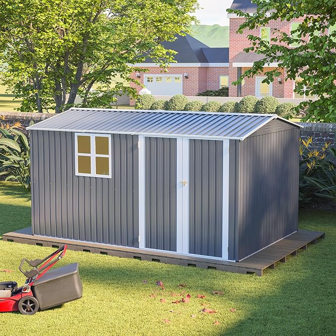 8x12 FT Shed Outdoor Storage Metal Large Garden Tool Sheds with Lockable Doors Floor Frame Window Gable Roof Waterproof Steel Utility Equipment Sheds for Backyard Patio Lawn Poolside, Grey