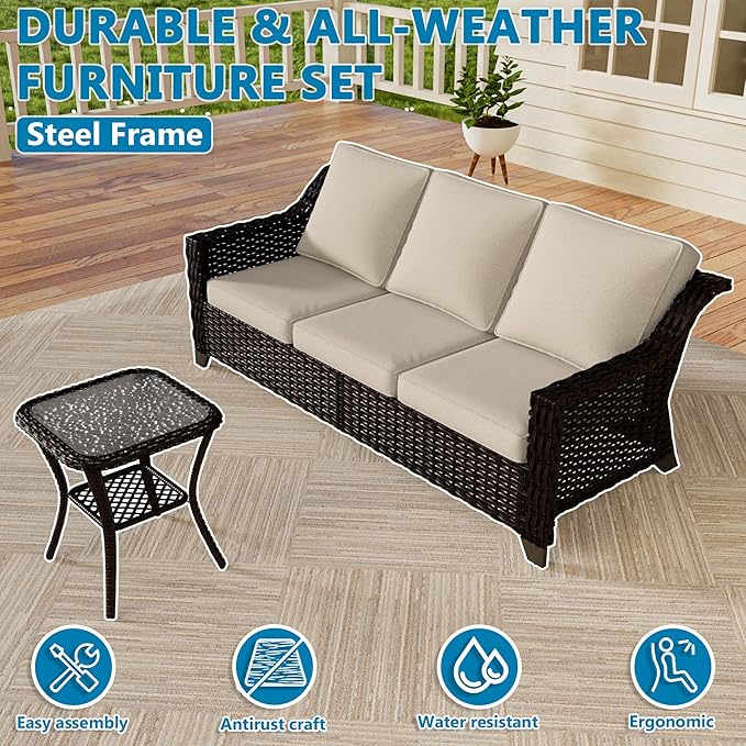 Vista Vibe 4 Pieces Outdoor Patio Conversation Furniture Set - 78" 3-Seat Sofa | 2 Swivel Glider Rocker Chairs | Wicker End Table, Rattan Loveseat, Upholstered Couch, Garden, Deck (Brown/Beige)