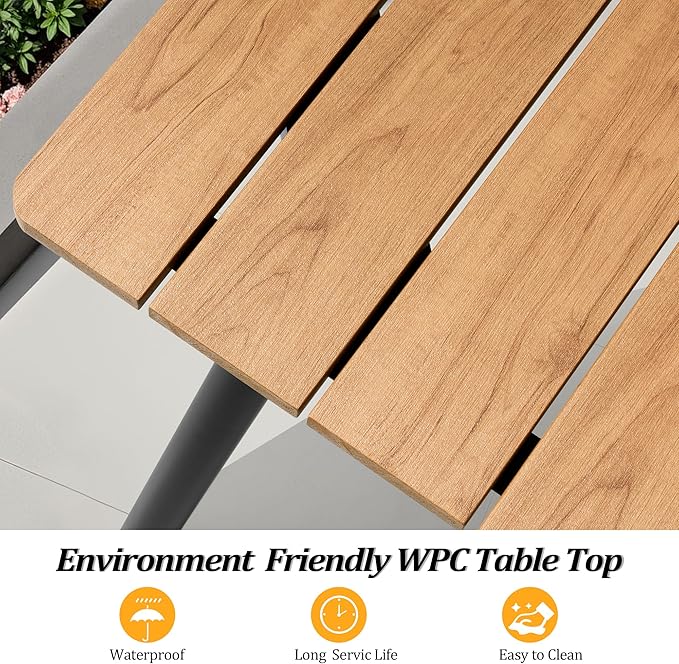 Outdoor Dining Table for 6-8, 82.7 inch Patio Dining Table with Wooden-Like Top and Aluminum Frame, Rectangular Table with Umbrella Hole Outdoor Furniture, Brown
