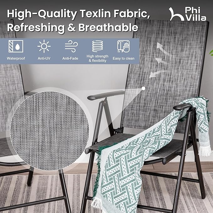 PHI VILLA 9 Piece Outdoor Dining Set, All Weather Furniture Patio Table and Chairs for 8 with Adjustable Lightweight Patio Folding Dining Chairs (Grey) & Extendable Metal Table for Garden, Yard