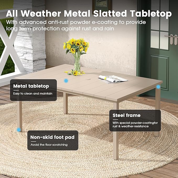 DIFY 63" Outdoor Patio Dining Table for 6, Metal Rectangular Steel Slat Patio Table with 1.57" Adjustable Umbrella Hole, Weather-Resistant for Garden Backyard Poolside Deck, Sandshell