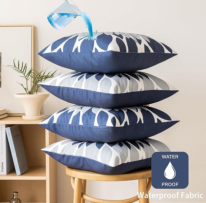 Qahing Pack of 4 Outdoor Waterproof Pillow Covers 20x20 Decorative Outdoor Throw Pillows Garden Square Cushion Cases for Patio Furniture, Couch, Tent Sunbrella, Bench, Navy Blue Grey