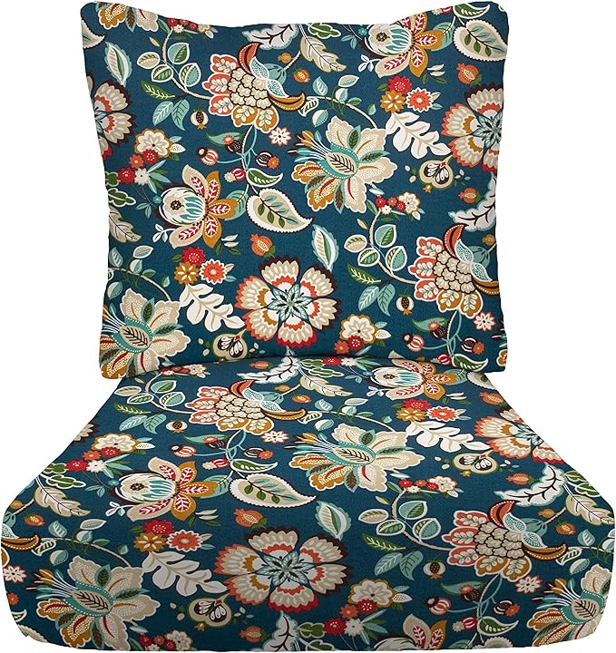 RSH DECOR Deep Seating Cushion with Pillow Back | 24” x 26” Seat | Water and Fade-Resistant Spun Fabric | Outdoor Chair Cushion Set for Patio Furniture | Telfair Peacock Blue