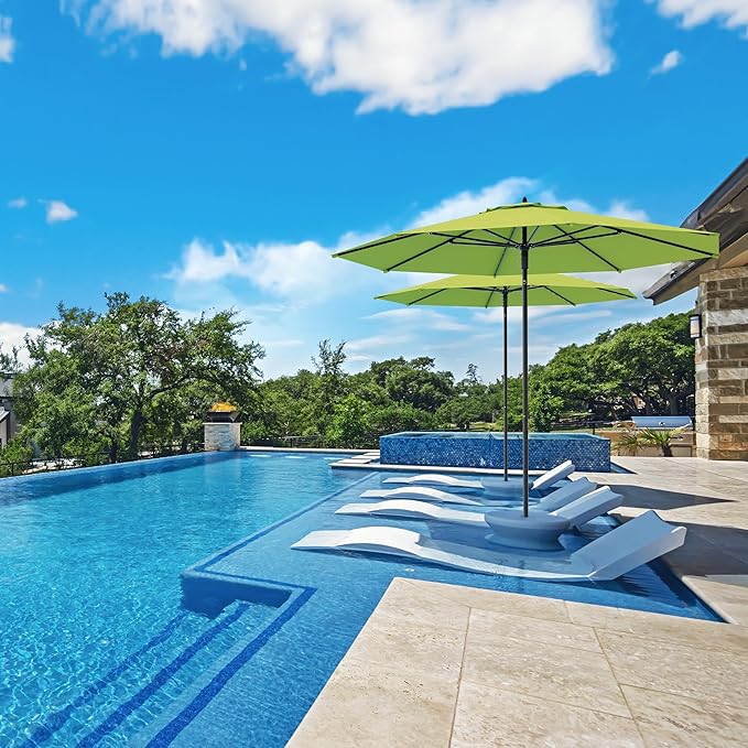 Midtown Umbrellas The Wooden 10 Feet Patio Umbrella With Sunbrella Macaw Acrylic Fabric - Aluminum Frame Market Umbrella For Backyard, Deck, Garden, Pool - Wooden Pole