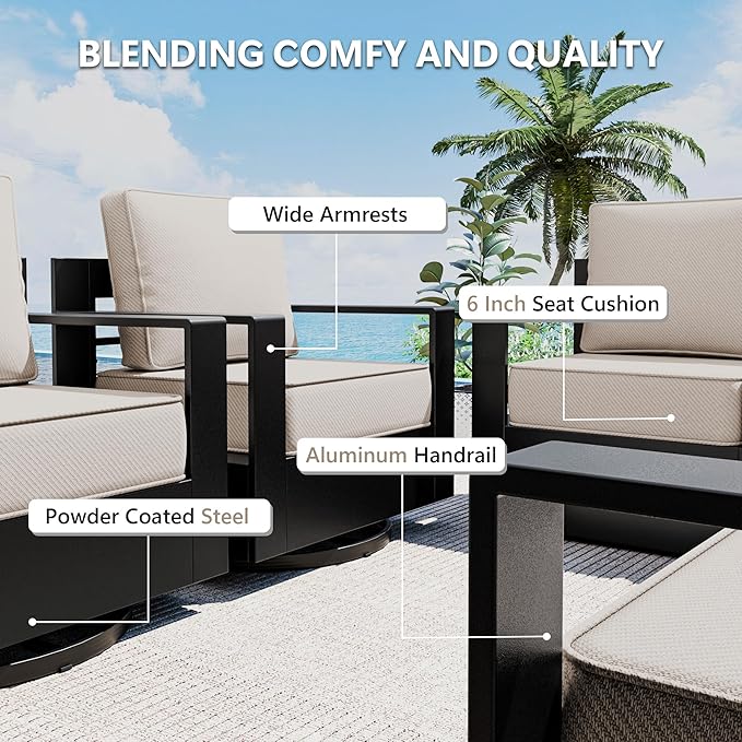 Outdoor Patio Furniture Set, 6-Piece Aluminum Patio Conversation Set All-Weather Metal Outdoor Sectional with 6 Inch Thick Cushions, Deep Setting for Garden, Outside and Porch