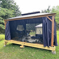 PURPLE LEAF 12' X 16' Outdoor Hardtop Gazebo for Patio Galvanized Steel Double Roof Permanent Canopy Teak Finish Coated Aluminum Frame Pavilion Gazebo with Netting and Navy Blue Curtains